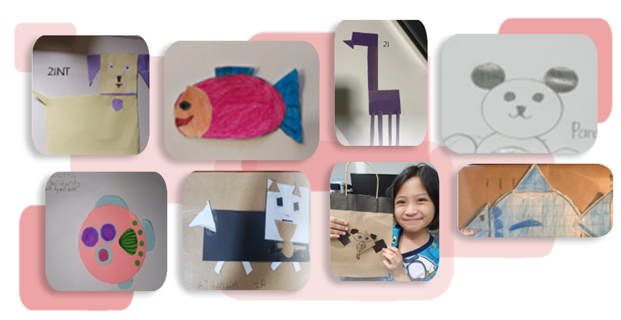 Eight samples of Primary 2 students' work showing animals created using geometric shapes. The creations include a dog, fish, giraffe, panda, turtle, cat, and bird, made using cut paper, drawings, and craft materials, demonstrating students' ability to apply shapes in creative art-making.